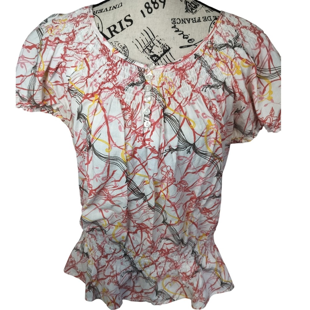 IZOD Womens Abstract‎ Floral Smocked Peplum Short Puff Sleeve Cotton Blouse L
